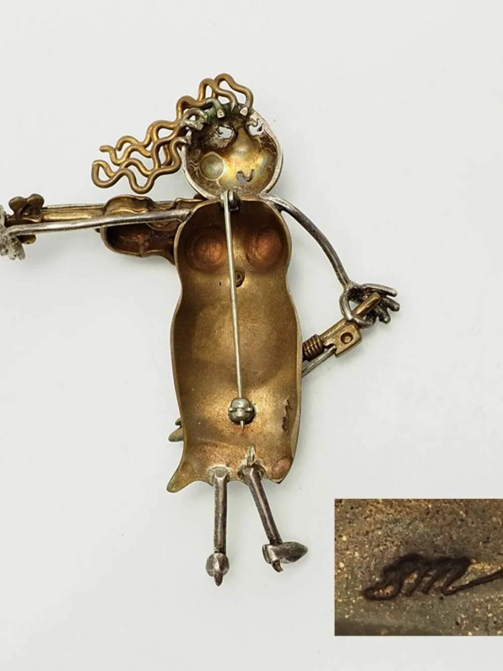 Woman figure playing violin sterling silver brass crystal pin by Sharon Seggi